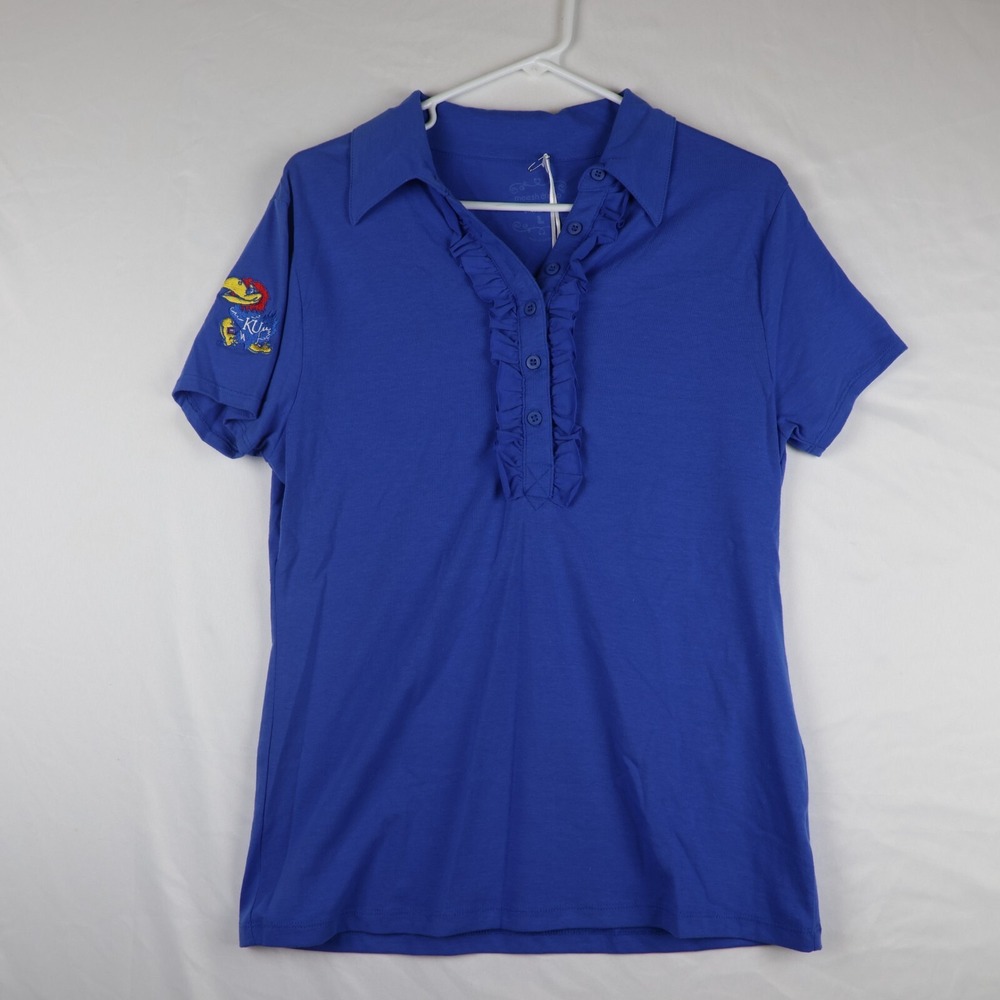 Meesh & Mia Ruffle Polo Shirt Womens Large Blue Kansas Jayhawks Athletic Logo